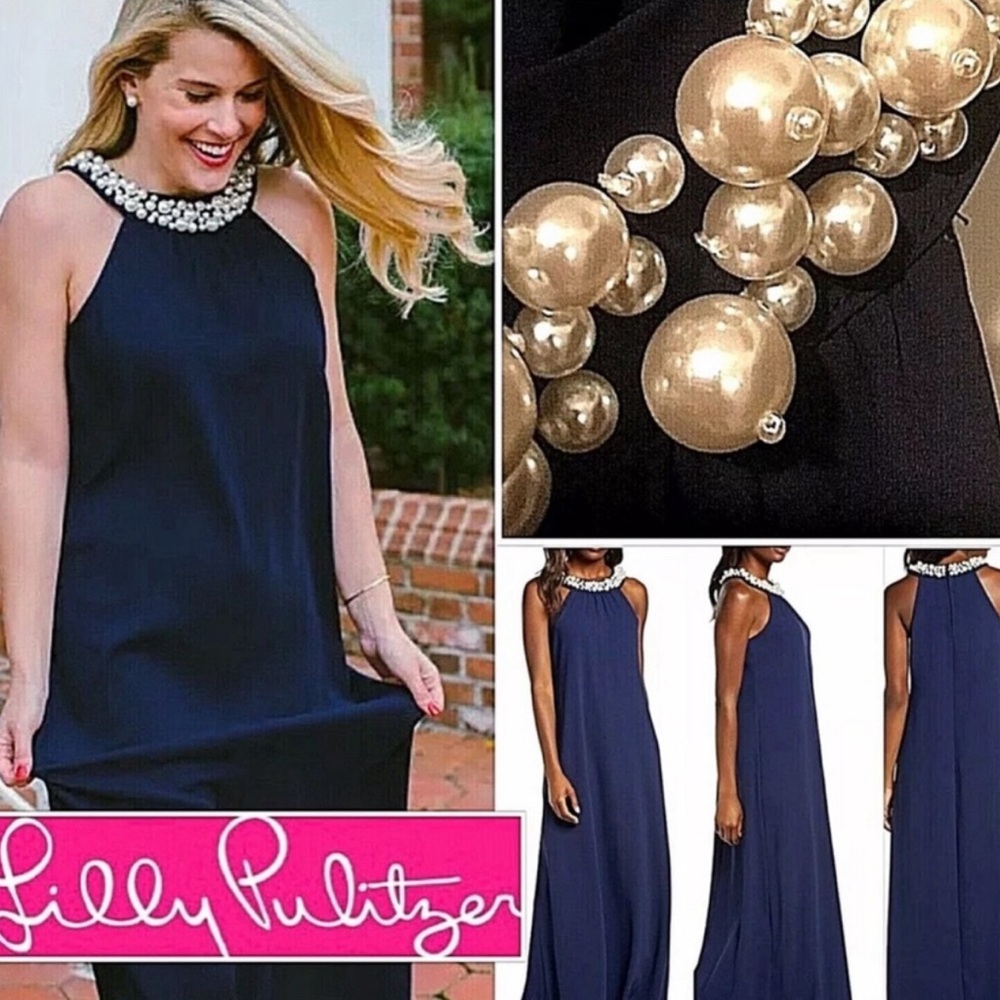 Lilly Pulitzer Navy and Shawn Pearl Neckline Maxi Dress